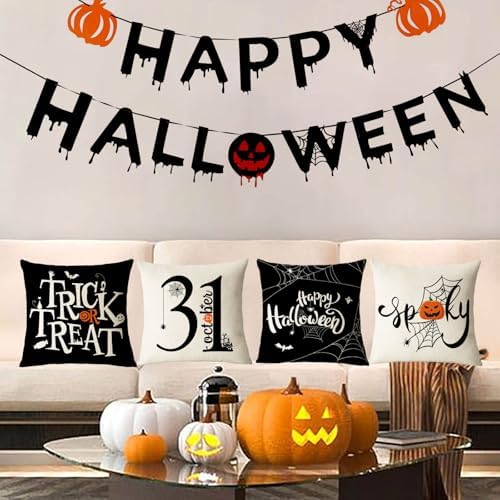 YeeJu Halloween Pillow Covers 16x16 Set of 4 Trick or Treat Decorative Throw Pillows Cover Black Spider Webs Pillow Cases Home Outdoor Sofa Couch Cushion Covers for Halloween Decorations (16 by 16)