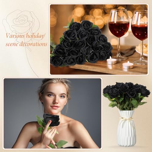 Hotop 20 Pcs Artificial Rose Flowers with Long Stem for Wedding,Black