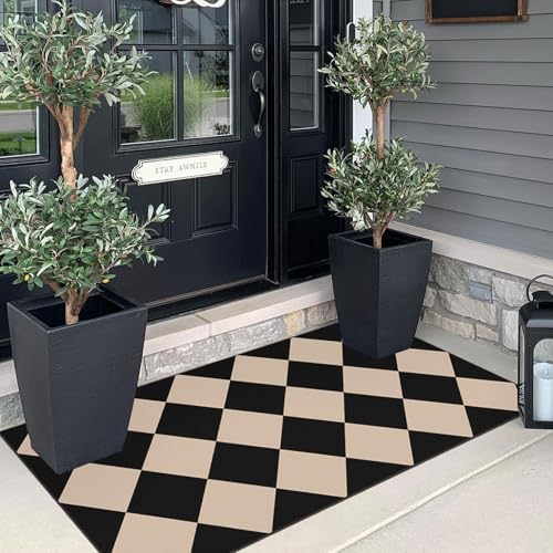 Front Door Mat Indoor Entrance - 2x4.3 Ft Black Tan Checkered Rug