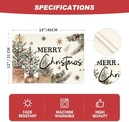 Artoid Mode Xmas Trees Holly Pine Cone Merry Christmas Placemats Set of 6, 12x18 Inch Seasonal Winter Holiday Table Mats for Party Kitchen Dining Decoration
