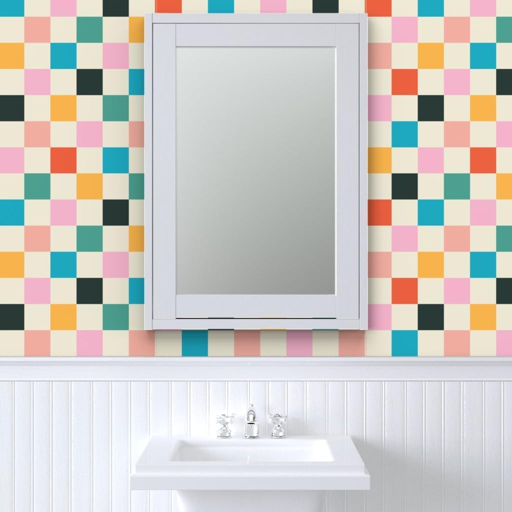 Retro Checkerboard Orange Modern Multicolor Checker Custom Removable / 24 x 144 / Roll / Pink