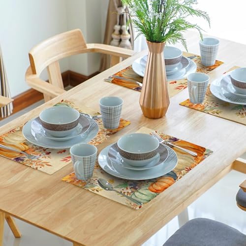 Fall Thanksgiving Placemats Set of 6 18x12 Inch Autumn Pumpkins Maple Leaves Linen Place Mats Heat-Resistant Washable Wipeable Table Mat for Party Kitchen Dining Room Dinner Table Decor