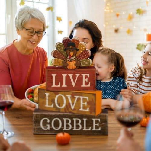 Lineshading 4 Pcs Thanksgiving Wooden Block Signs Turkey Tiered Tray Decor