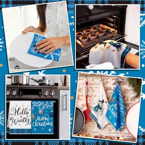 Bencailor 6 Pcs Christmas Kitchen Towel, Blue, Black, Winter Plaid