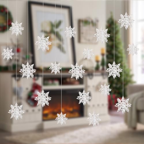 Crafare 18 Pieces Paper Winter Christmas Hanging Snowflake Decorations 3D Large White Snowflakes with String 6 inch, 8 inch10 inch,for Christmas New Year's Party Frozen-Themed Birthday Celebration