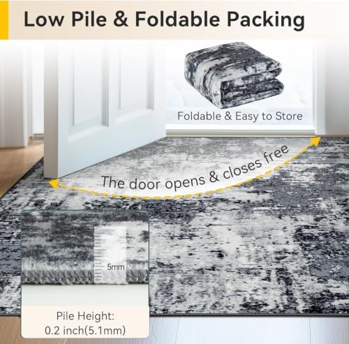 RELEANY Washable 4'x6' Abstract Area Rug for Living Room Black White