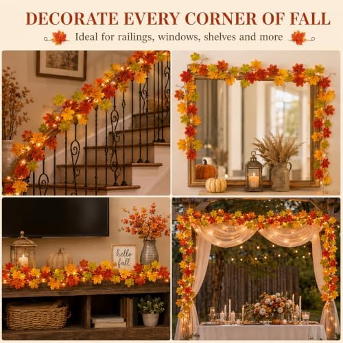 RAINFLOW Fall Garland for Mantle - Maple Leaf Garland 3PCS Each 3.27FT