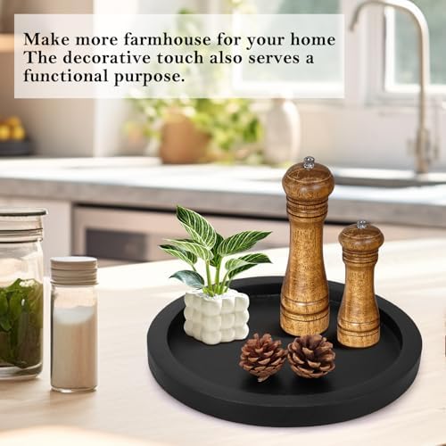 Round Decorative Tray for Coffee Dining Table Countertop Small Wooden Serving / Black / Set of 11