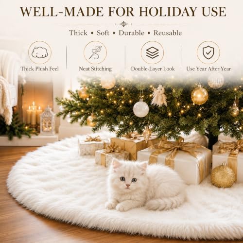AISENO 30 White Faux Fur Christmas Tree Skirt, Luxury Plush Tree Base Cover for Holiday Party and Home Christmas Decor