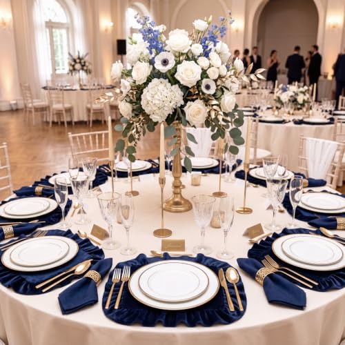 FoldTier 6 Pcs Christmas Navy Blue Velvet Rectangle Placemat with Ruffles