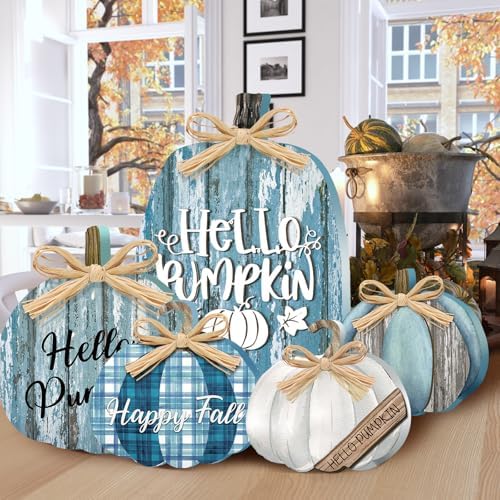 5 Pcs Fall Decorations for Home Blue Pumpkin Table Centerpiece Wooden Sign