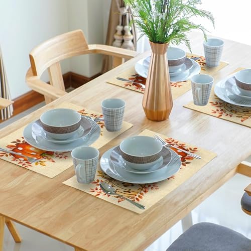 Fall Pumpkins Placemats Set of 6 18x12 Inch Autumn Thankful Linen Place Mats Heat-Resistant Washable Wipeable Thanksgiving Season Holiday Table Mat for Party Kitchen Dining Room Dinner Table Decor