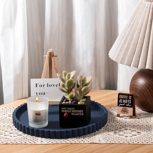 Round Bathroom Tray Perfume Organizer Coffee Table Decor, 9" Dark Blue