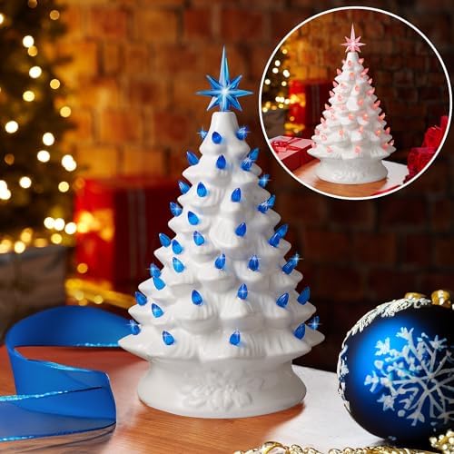 Casafield Hand Painted Ceramic Christmas Tree, White 15-Inch Pre-Lit Tree with 128 Pink and Blue Lights and 2 Star Toppers