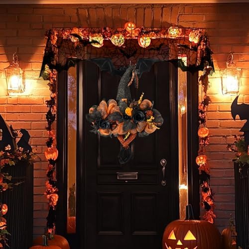 Halloween Wreath for Front Door, Witch Hat & Spiderweb Mantel Scarf Set