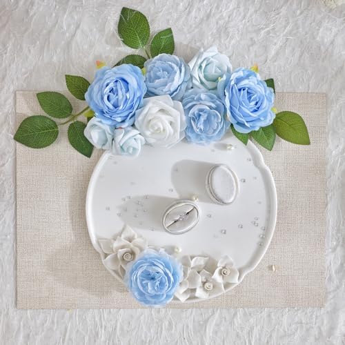 TINGE TIME 23pcs Artificial Wedding Flower Combo, Rose Peony Light Blue