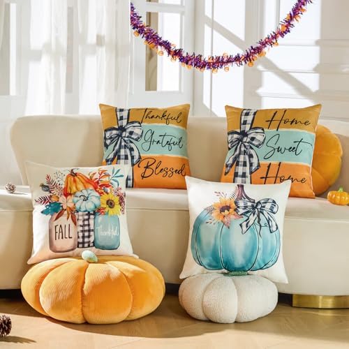 Hongsome Fall Decorations for Home-Throw Pillow Covers 18x18 in Set of 4,Pumpkin Linen Pillow Case for Thanksgiving Couch Autumn Holiday Outdoor Burnt Orange Blue White Decor