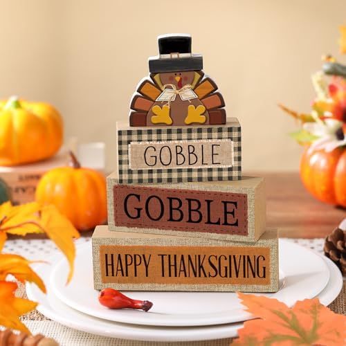 Lineshading 4 Pcs Fall Table Decorations Wooden Thanksgiving Turkey Decor