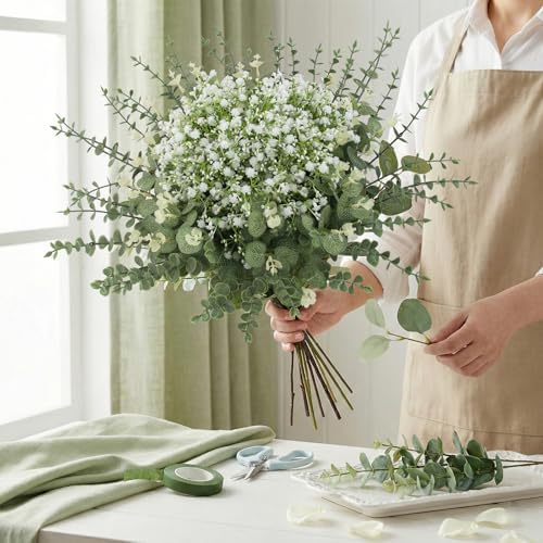 lovemoon 200 Pcs Mixed Greenery Artificial Eucalyptus Stems, Baby Breath Artificial Flowers Bulk and Eucalyptus Leaves for Wedding Bouquets Home Office Floral Decor (200, Green and White)