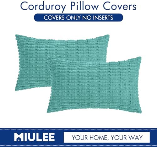 MIULEE Lumbar Corduroy Decorative Throw Pillow Covers 12x20 Aqua Green