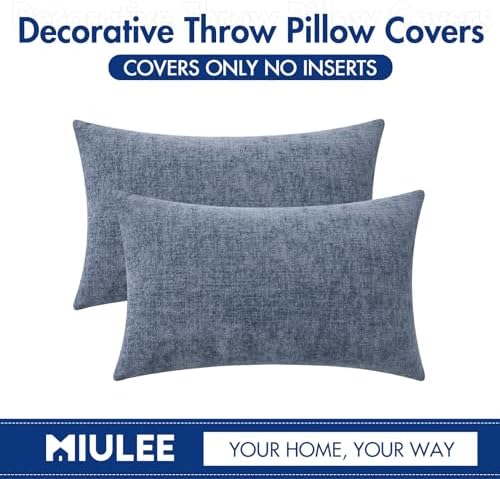 MIULEE Chenille Lumbar Throw Pillow Covers Dark Grey Blue 12x20 Pack of 2