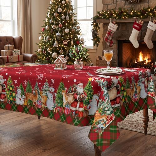 Christmas Tablecloth 54x54 Inch, Santa Claus & Snowman Water Resistant Square Table Cover, Farmhouse Winter Holiday Table Decor for Xmas Dinner Party Kitchen Home