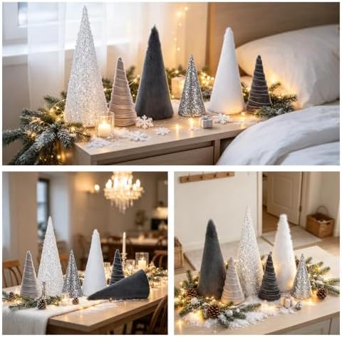 6 PCS 12" 10" 6" Christmas Silver Gray Cone Tree Decoration Christmas Glitter Sequin Furry Velvet Tree Table Centerpiece Modern Tiered Tray Ornament Xmas Tree for Home Holiday Mantle Winter Decor