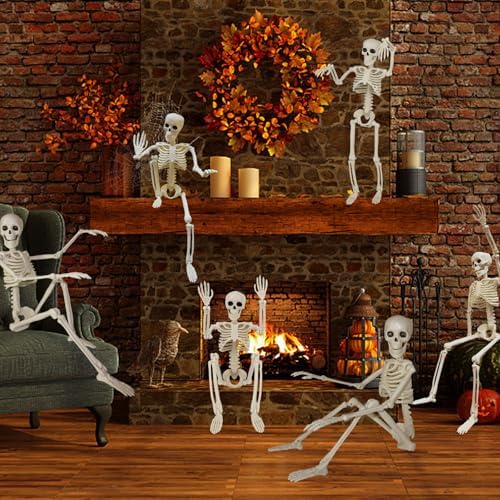 6PCS Skeleton Halloween Decorations, 16" Full Skull Body with Movable Joint