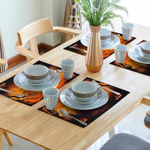 Halloween Placemats Set of 4 18x12 Inch Spooky Witch Bat Castle Pumpkin Linen Place Mats Heat-Resistant Washable Wipeable Fall Holiday Table Mats for Party Kitchen Dining Room Dinner Table Decor