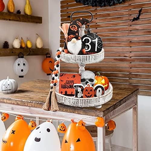 Halloween Tiered Tray Decor Indoor Decorations - Boo Wooden Sign Cute Gnomes Plush and Bead Garland - Farmhouse Rustic Tray Decor Set for Home Table Desk Room