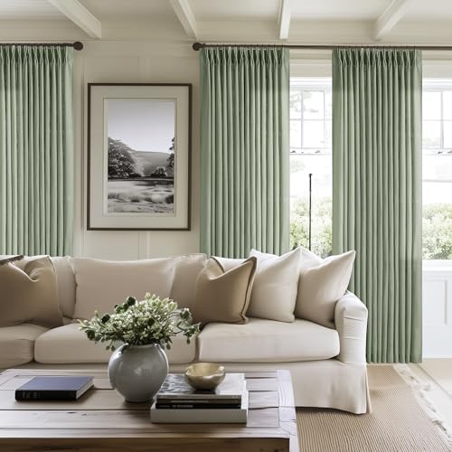 Sage Green Pinch Pleated Linen Light Filtering Curtains 80 Inches Long