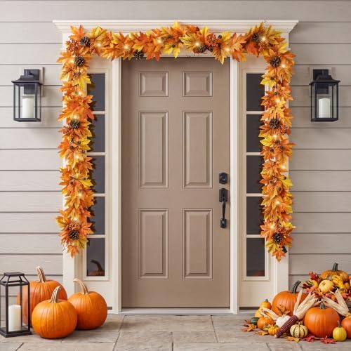 6FT Fall Garland with 30 Warm Lights & Timer & Gradient Maple Leaves