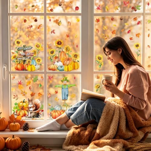 77 PCS Scarecrow Fall Decor, 9.84 x 13.78 Inch Fall Window Clings for Home