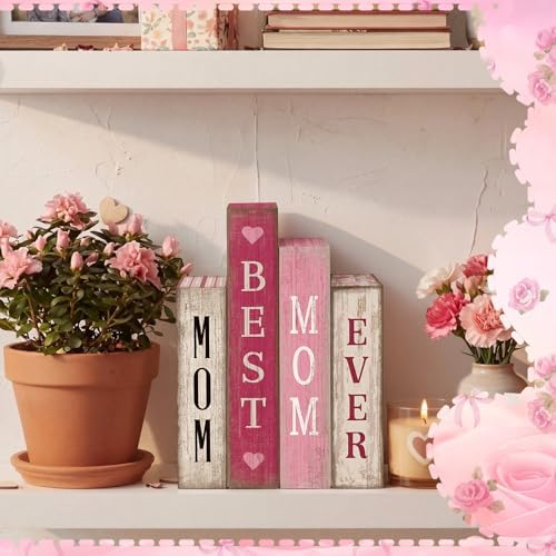 Lineshading 4 Pcs Mothers Day Table Decoration Wooden Book Signs