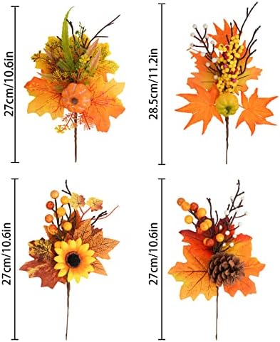 Krissing 4 Pcs Artificial Fall Floral Picks with Sunflower and Pumpkin