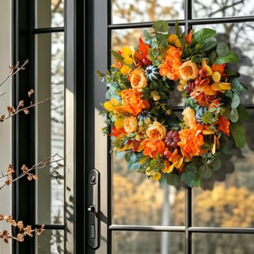 24 Inch Harvest Fall Wreaths for Front Door Outside with Orange Peony