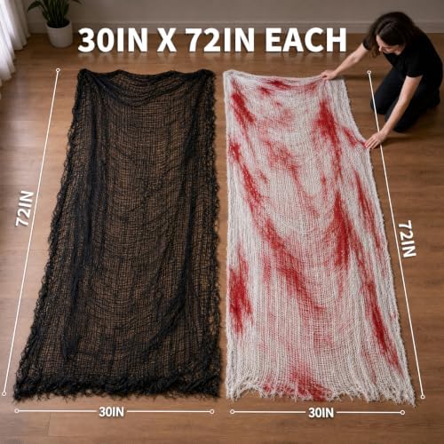6Pcs Halloween Creepy Cloth 30×72inch, Scary Halloween Fabric Gauze, 2Pcs Blood 4Pcs Black Creepy Cloth for Yard, Doorway, Haunted House Party