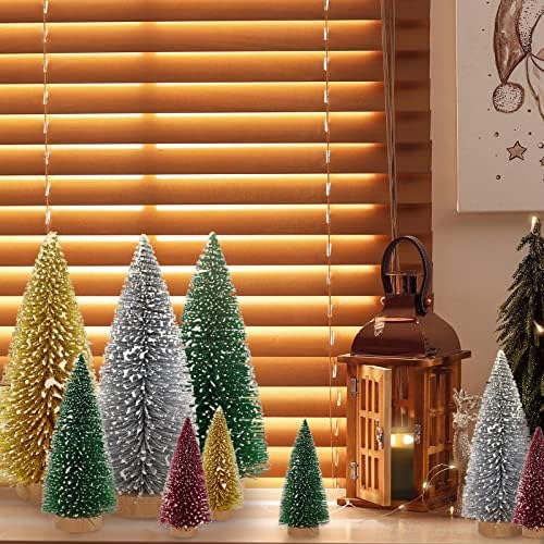 Whaline 16Pcs Artificial Mini Christmas Tree Snow Frosted Trees Red Green Gold Silver Bottle Brush Trees Desktop Mini Pine Tree with Wood Base for Xmas Home Office Tabletop Crafts, 3 Sizes