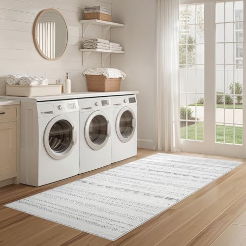 Nakagishi Runner Rug Kitchen Washable Rugs: 3x8 Non-Slip Boho Soft Modern Stain Resistant Indoor Floor Neutral