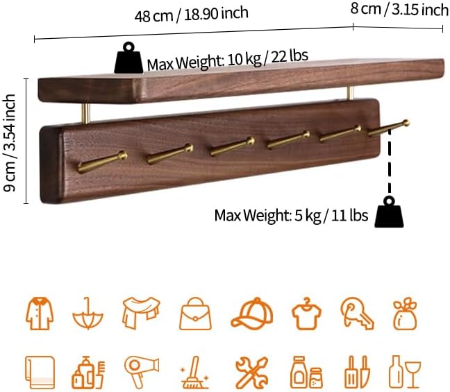 Solid Wood Shelf with Hooks, 19 inch Coat Rack Wall Mount, Shelves with 6 Brass Hooks for Hanging in Entryway, Living
