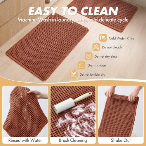MIULEE Fall Rust Set of 2 Waffle Bathroom Rugs Boho Bath Mat 17x24 Inch