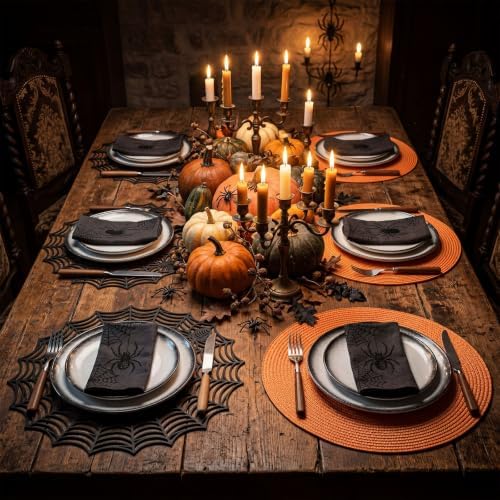 Pickmesh 12 Pcs Halloween Table Decor Orange Black Spiderweb Placemats