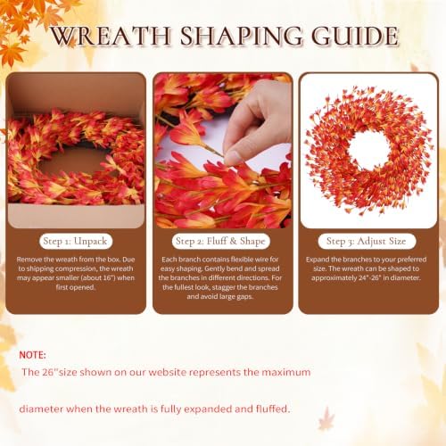 26 Inch Fall Wreath for Front Door, Autumn Thanksgiving Decor (Orange)