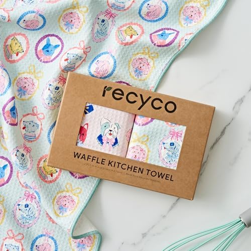 RECYCO Waffle Kitchen Towel Set of 2 - Quick Dry Microfiber Sustainable Dish Towels - Ultra Absorbent Reusable Cleaning Tea Towels - Lightweight Hand Towels,16”x 28”, Puppy Joy