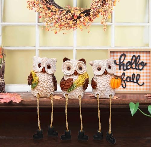 Thanksgiving Owl Figurines Set of 3 Fall Shelf Sitters Dangling Legs