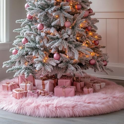 AOGU 30 Inch Faux Fur Christmas Tree Skirt Pink Plush Skirt for Merry Christmas Party Christmas Tree Decoration