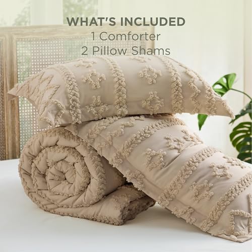 Bedsure Tufted Boho Comforter Set Queen Size - Light Brown Boho Bed Set, GentleSoft™ 3 Pieces Farmhouse-Style