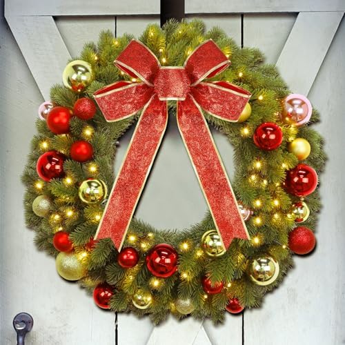 Juegoal 21 Inch Pre-Lit Christmas Wreath with Metal Hanger, Lighted Xmas Folded Wreath with 60 LED Lights, Red Bow and Colorful Balls, Battery Operated & Timer for Outdoor Home Window Wall Front Door