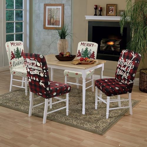 Christmas Chair Covers Set of 6 Xmas Tree Snowflakes Buffalo Plaid Stretch Parsons Chair Slipcovers for Winter Christmas Dining Room Decor Chair Seat Protectors(Christmas Red,6PCS)
