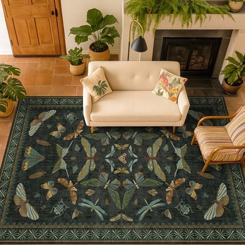 Dark Green Area Rugs 5x7 for Living Room - Fairy Fantasy Moss Rugs for Dining Room Table, Bedroom, Whimsical Insect